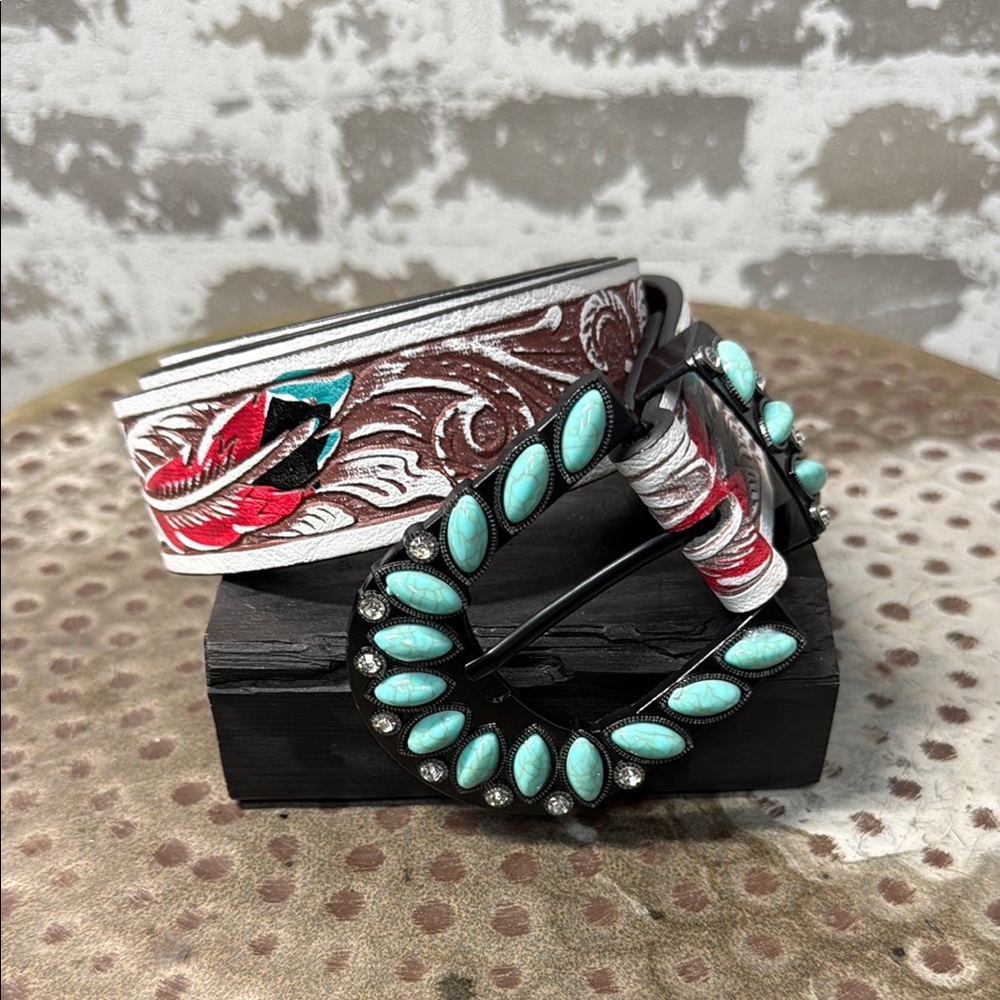 Floral Embroidered Belt with Turquoise Buckle